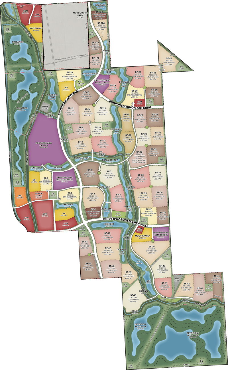 Site plan of Preservation Creek showing residential sections, lakes and greenspace