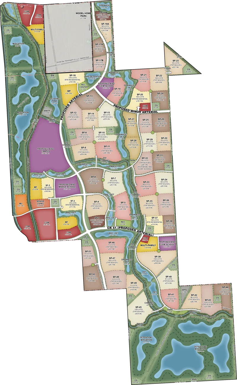 Site plan of Preservation Creek showing residential sections, lakes and greenspace