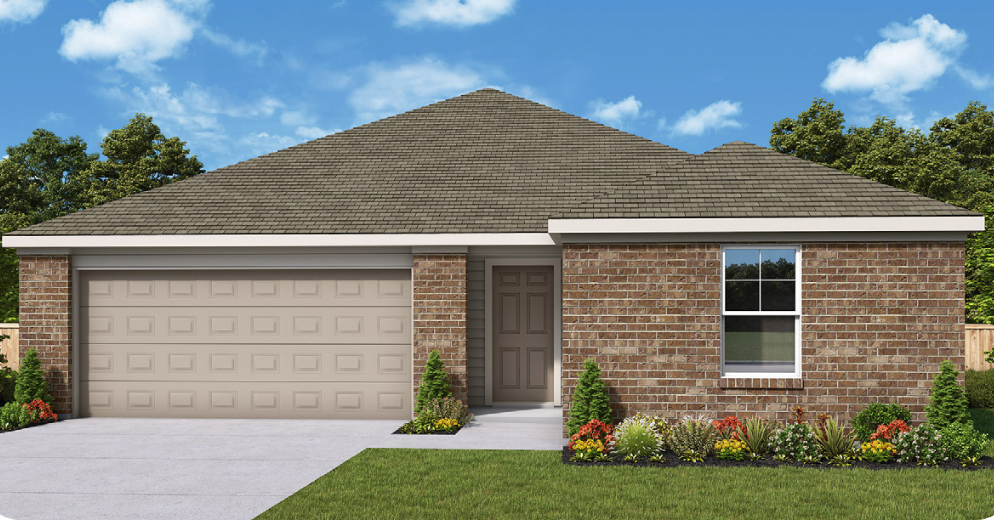 Rendering of the Harmony plan: single-storey brick home with a hipped roof and two-car garage