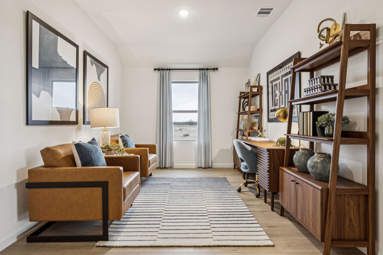 Living room with a leather sofa, open wood shelving and a striped area rug