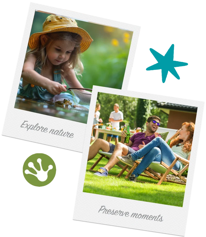 Polaroid-style photos captioned Explore nature and Preserve moments: a girl with a net by a pond, adults on a lawn