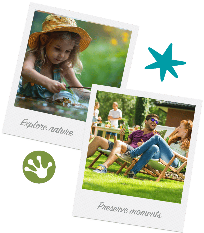 Polaroid-style photos captioned Explore nature and Preserve moments: a girl with a net by a pond, adults on a lawn