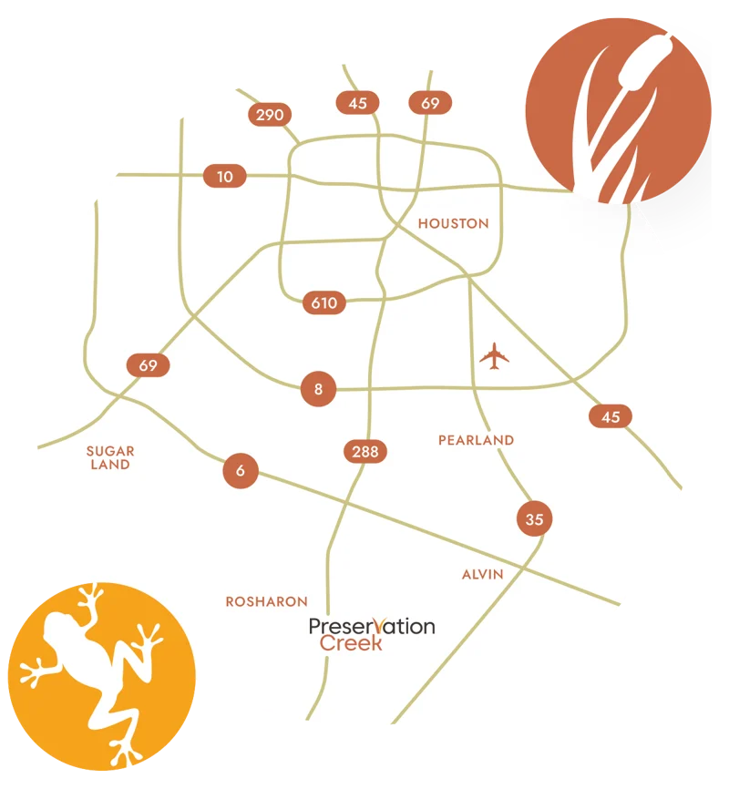 Regional map locating Preservation Creek near Alvin and Rosharon, south of Houston, with Pearland and Sugar Land shown