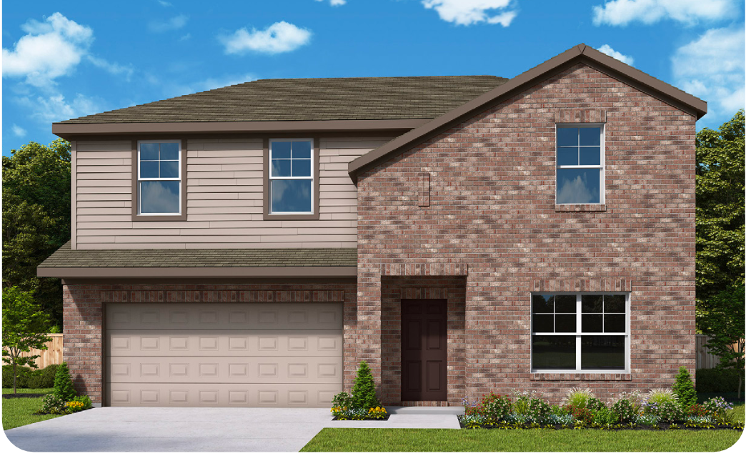 Rendering of the Aria plan: two-story brick and lap-siding home with a two-car garage