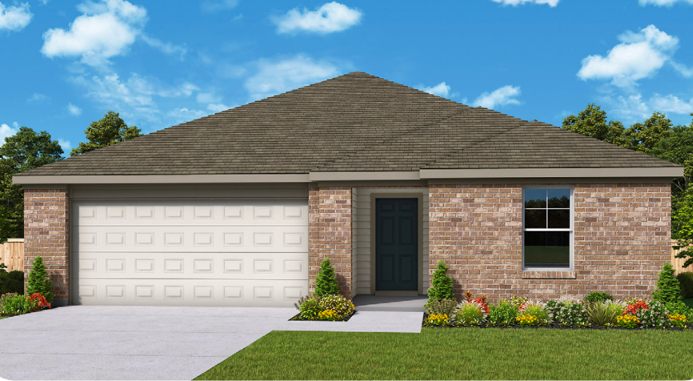 Rendering of The Chorus plan: single-story brick home with a hipped roof and two-car garage
