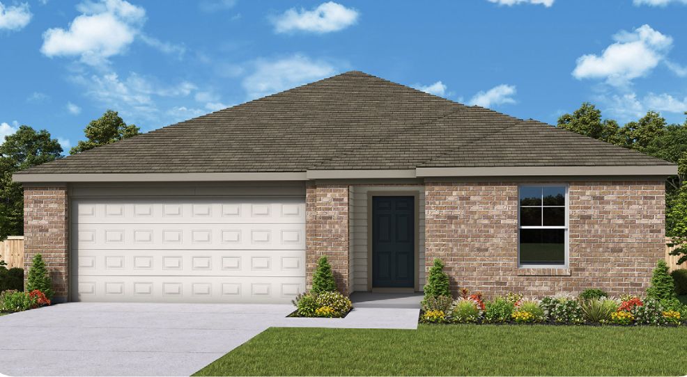 Rendering of The Chorus plan: single-storey brick home with a hipped roof and two-car garage
