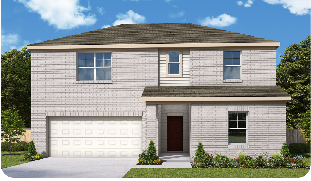 Rendering of The Melody plan: two-storey painted-brick home with a two-car garage and gabled entry