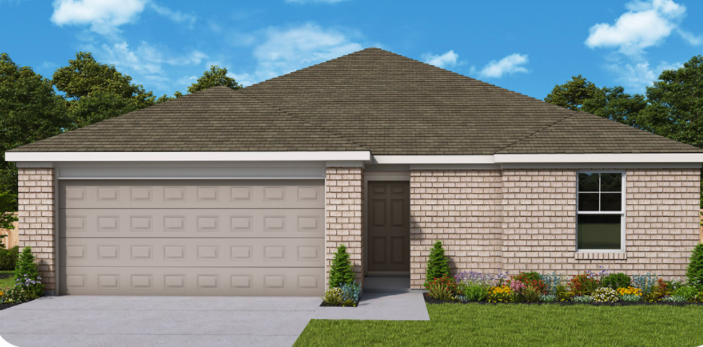 Rendering of The Prelude plan: single-story brick home with a hipped roof and two-car garage