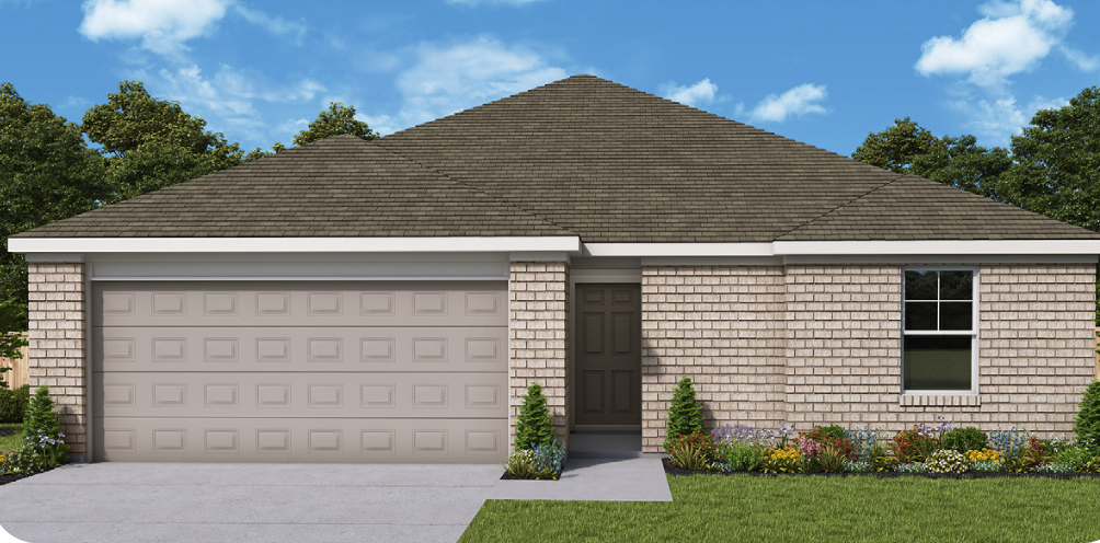 Rendering of The Prelude plan: single-storey brick home with a hipped roof and two-car garage