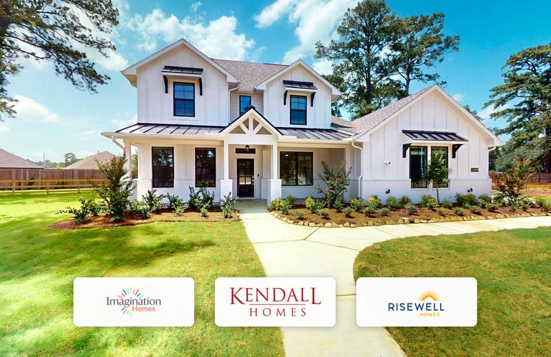 New construction home exterior with home builder logos at Preservation Creek in Alvin, TX