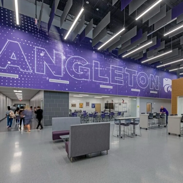 Students walking through the commons of the Angleton Technology and Education Center