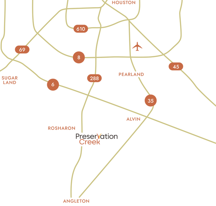 Regional map placing Preservation Creek on State Highway 288 south of Houston, between Pearland, Rosharon, Alvin and Angleton
