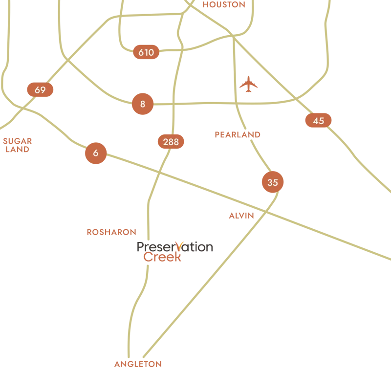 Regional map placing Preservation Creek near Alvin, Texas, with Houston, Pearland, Sugar Land and Angleton for reference
