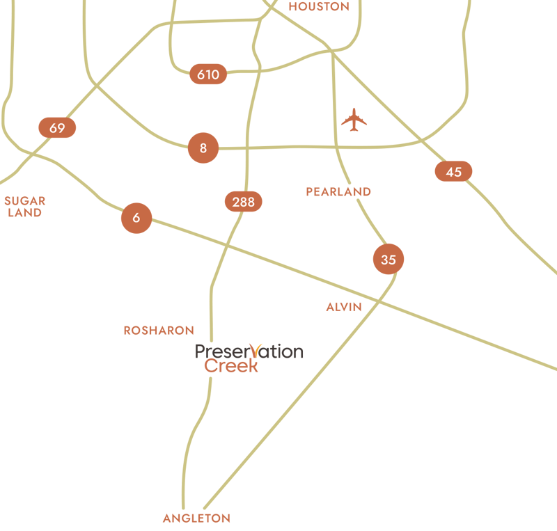 Regional map placing Preservation Creek near Alvin, Texas, with Houston, Pearland, Sugar Land and Angleton for reference