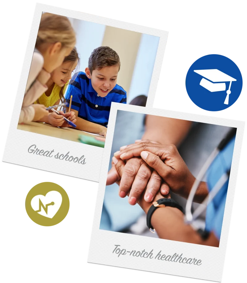 Polaroid-style photos captioned Great schools and Top-notch healthcare, with graduation cap and medical icons
