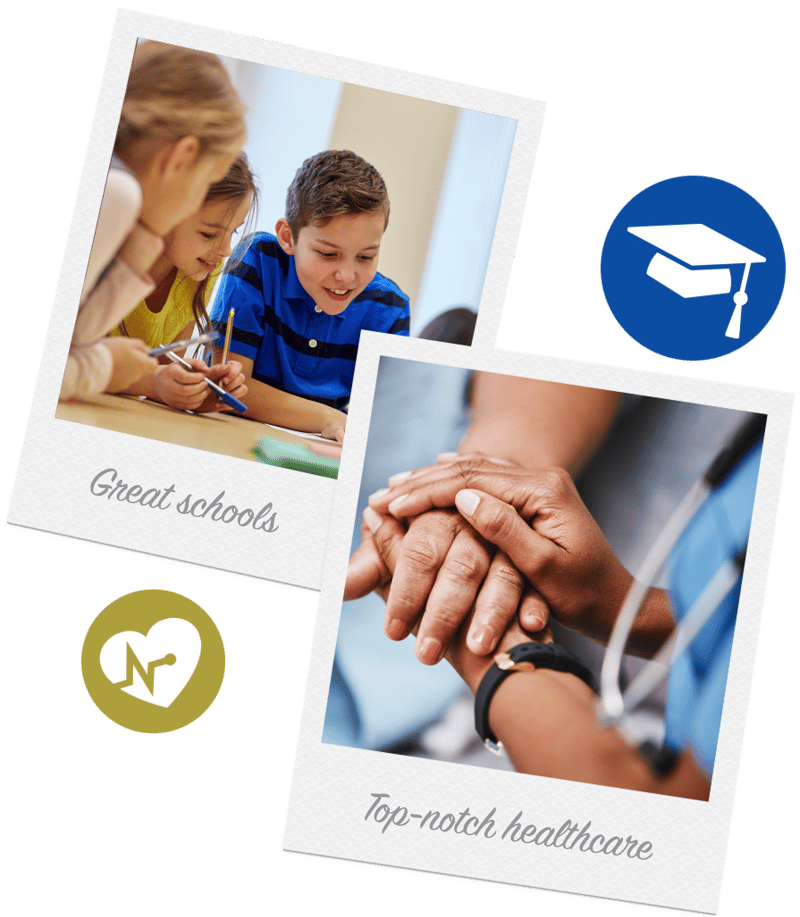 Polaroid-style photos captioned Great schools and Top-notch healthcare, with graduation cap and medical icons