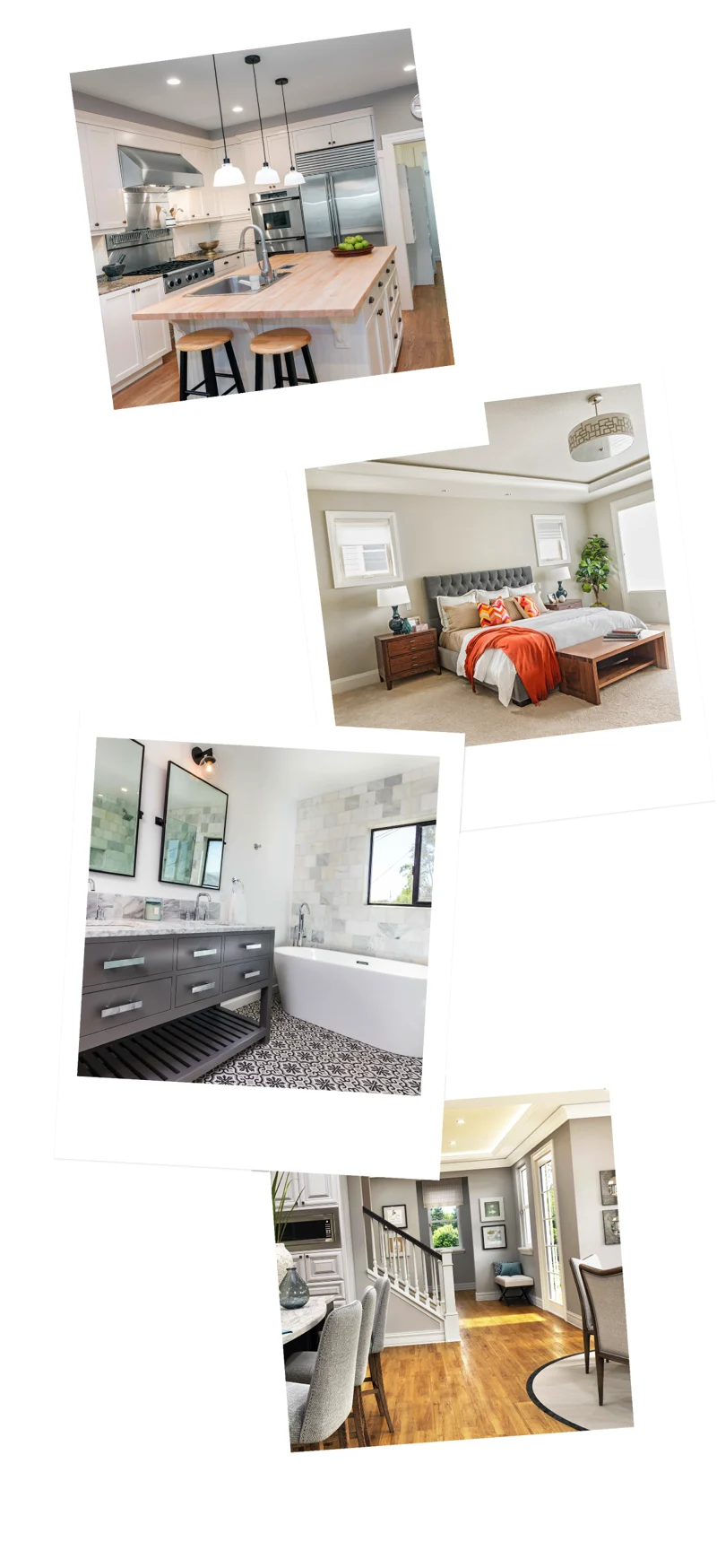 Four polaroid-style interior photos: a kitchen island, a bedroom, a bathroom with a soaking tub and a staircase
