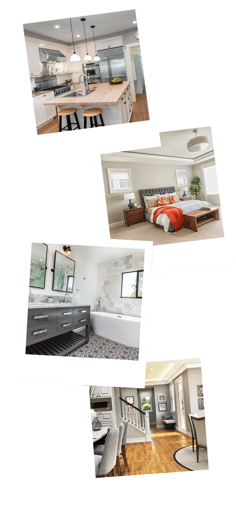 Four polaroid-style interior photos: a kitchen island, a bedroom, a bathroom with a freestanding tub and a staircase