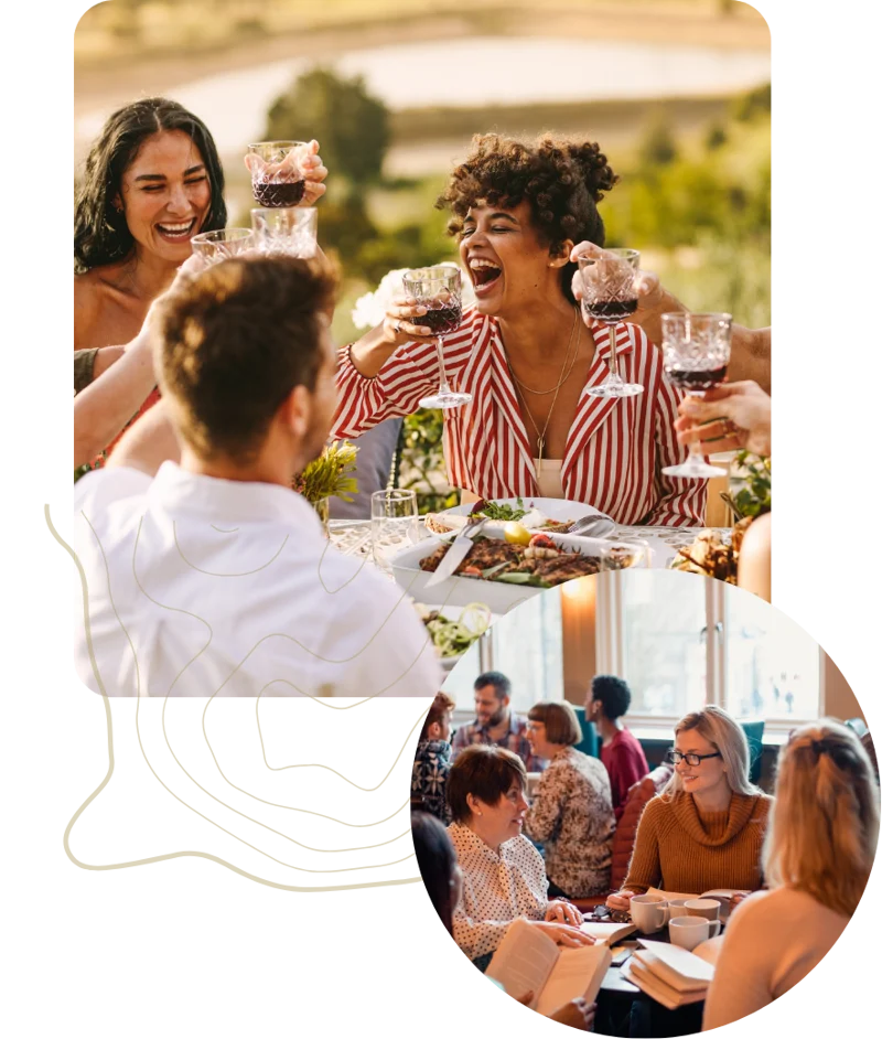 Collage of neighbors toasting drinks and gathering around a table during social hours