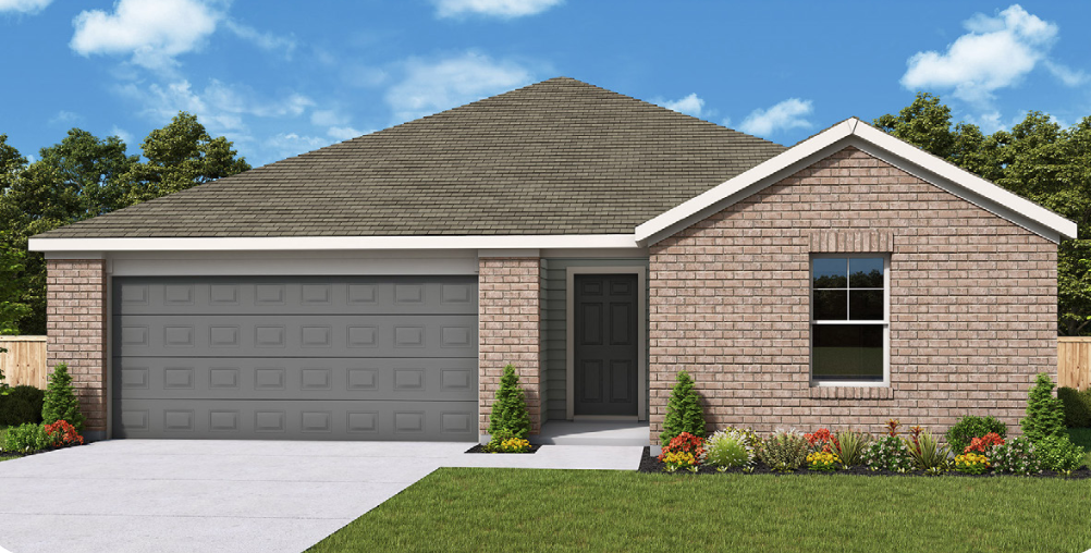 Rendering of The Ballad plan: single-storey brick home with a two-car garage and gabled entry